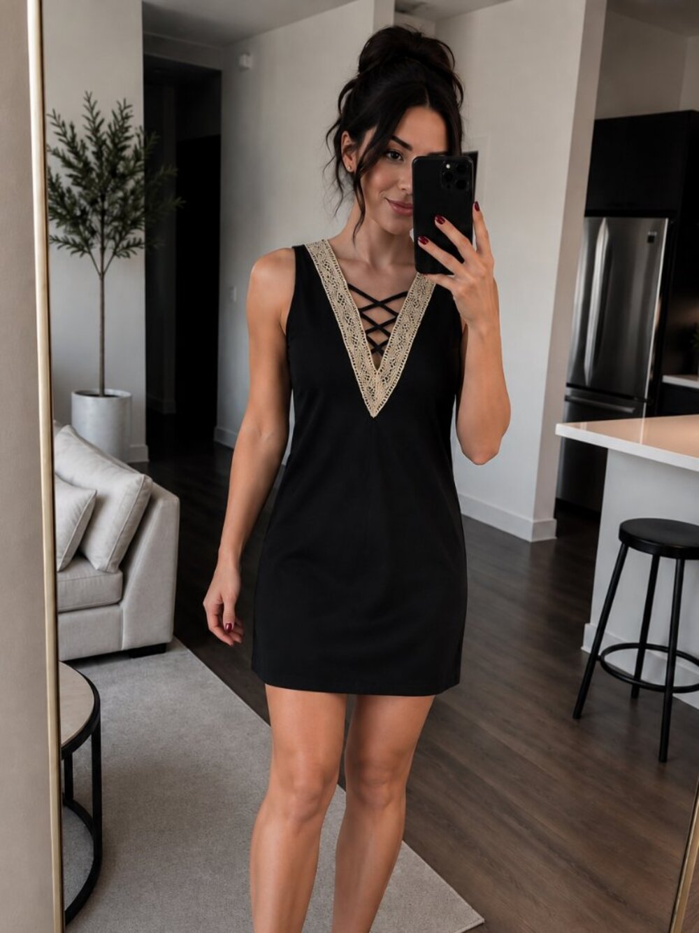 Black Sleeveless Mini Dress Crochet Lace V-Neck Criss Cross Detail